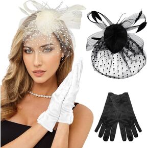 4 Pcs Fascinator Hats for Women & Opera Gloves, Tea Party Hats for Women, 20s 50s Feather Fascinators Hat Pillbox Hat, Black Fascinators Hats for Women Wedding Halloween Cosplay Cocktail Party Funeral