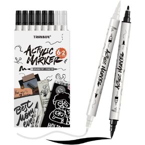 TRANSON 12Colors Metallic Paint Markers Brush and Fine Dual-tip for Rock Wood Ceramic Canvas DIY Painting Drawing