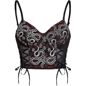 SHENHE Women's Casual Contrast Mesh Lace Up Deep V Neck Snake Print Crop Bustier Cami Top