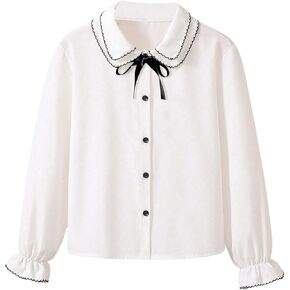 MakeMeChic Girl's Flounce Sleeve Collared Button Down Shirt Contrast Binding Blouse Top