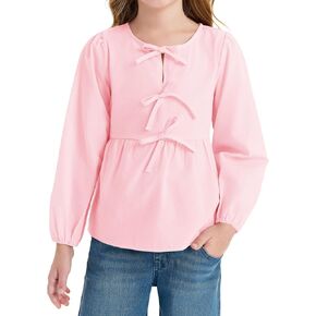Haloumoning Girls Long Sleeve Shirts Kids Round Neck Tie Front Blouse Tops 7-14 Years