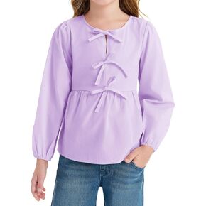 Haloumoning Girls Long Sleeve Shirts Kids Round Neck Tie Front Blouse Tops 7-14 Years