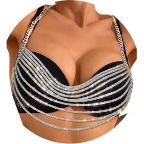 ELABEST Rhinestone Chest Chain Sliver Sparkly Bra Chain Crytal Layered Diamond Nightclub Body Accessories Jewelry for Women