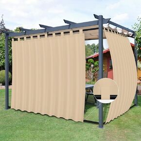 Easy-Going Outdoor Patio Curtains Detachable Tab Top Windproof Weatherproof Curtain for Cabana, Porch, Pergola and Gazebo, Tab Bottom Drape, 2 Panels, 110W x 108L inch, Beige