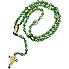Exquisite Rosary Saint Jude Cross Pendant Mexican Necklace - Braided Cord Green Crystal beads Chain, Charm Accessories for Men and Women, Catholic St Jude Elegant Religious Jewelry Gift Idea
