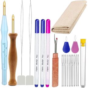 Y-Axis 21 Pcs Punch Needle Embroidery Kits Adjustable Rug Yarn Punch Needle, Wooden Handle Embroidery Pen, Fabric Marker Pen, Monks Cloth