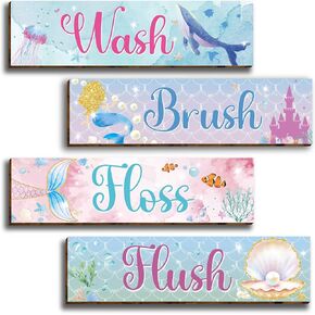 Vagafilla 4 Pieces Watercolor Ocean Mermaid Bathroom Wall Decor Signs, Inspirational Ocean Wall Art Signs for Girls, Funny Bathroom Rules Wood Hanging Sign Toilet Restroom Wall Decor-3