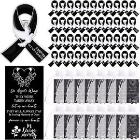 Quelay 100 Sets Black Funeral Ribbon Pins Funeral Favors Ribbon Pins Prayer Cards and Organza Bags Ribbon Awareness Lapel Pin Forever in Our Hearts Memorial Brooch for Mourning Remembrance Day Funeral