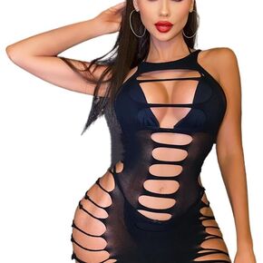 Hollow Out Mini Dress Side Perspective Fishnet Sexy Mesh Bodystocking Stretch Underwear Skirt Bodysuit