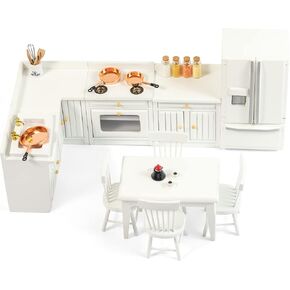 SAMCAMI Wooden Dollhouse Furniture Set - Miniature Dollhouse Furniture 1 12 Scale for Dollhouse Kitchen - Doll House Furniture Toys Incl Kitchen Cabinets, Dining Table, Refrigerator and Others (White) in Kuwait