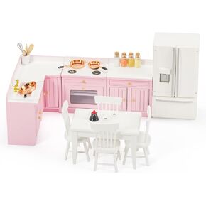 SAMCAMI Wooden Dollhouse Furniture Set - Miniature Dollhouse Furniture 1 12 Scale for Dollhouse Kitchen - Doll House Furniture Toys Incl Kitchen Cabinets, Dining Table, Refrigerator and Others (White)