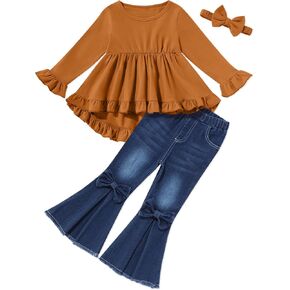 oklady Todder Kids Girls Clothes Solid Color Ruffles Top Bow Flared Jeans 2PCS Fall Girls Clothing Set 18M-7Years in Saudi Arabia
