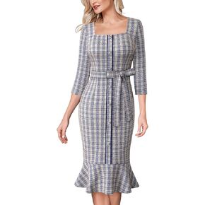 VFSHOW Womens Business Square Neck Button Belted Colorblock Patchwork Office Work Slim Sheath Mermaid Dress in Kuwait