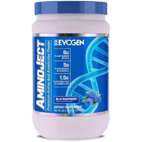 Evogen AminoJect, Vegan Fermented Plant Based BCAA, Glutamine, & Citrulline Powder, Blue Raspberry, 30 Servings