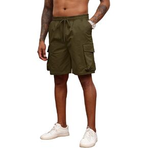 Men's Casual Cargo Shorts Drawstring Elastic Waist Cotton Athletic Work Shorts Outdoor Hiking Pants with Multi Pockets
