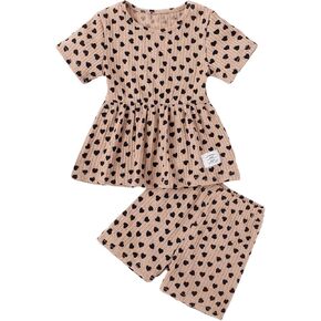 Floerns Toddler Girl's 2 Piece Outfit Heart Print Peplum Tee Shirts Track Shorts Set