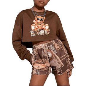 Girl's Two Piece Outfit Bear Print Long Sleeve Tee Crop Top and Graphic Print Shorts Set