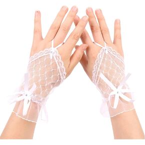 2 Pairs Lace Gloves Bow Women's Floral Lace Bow for Brides and Bridesmaids Wedding Wrist Length Bridal Prom Gloves (Black, White)