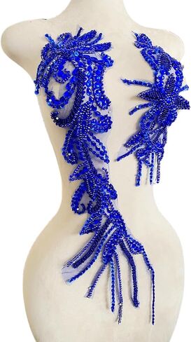 Pure Handmade Beaded Crystal Patches Bodice Lace DIY Applique Patches Accessory for Dress Clothes 2PCS/Set 24.4X5.9inches (Black) in Kuwait