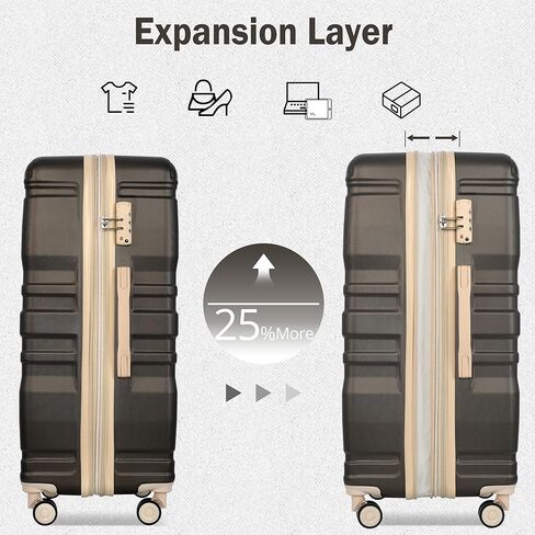 Merax TSA 3pc ABS مجموعات الأمتعة الصلبة وحقيبة عجلة دوارة قابلة للتوسيع، أسود + بني، 20/24/28 بوصة in Kuwait