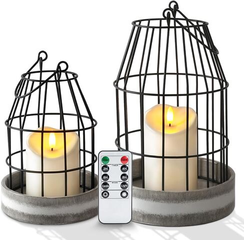 Homemory Rustic Farmhouse Lantern Decor with Flameless Candle & Remote Timer, 2PCS Metal Candle Holder Home Decorations for Fireplace Mantle Kitchen Dining Table Living Room in Kuwait