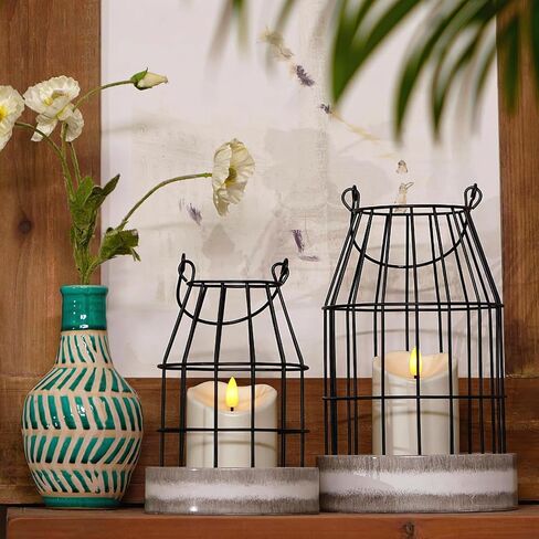 Homemory Rustic Farmhouse Lantern Decor with Flameless Candle & Remote Timer, 2PCS Metal Candle Holder Home Decorations for Fireplace Mantle Kitchen Dining Table Living Room in Kuwait