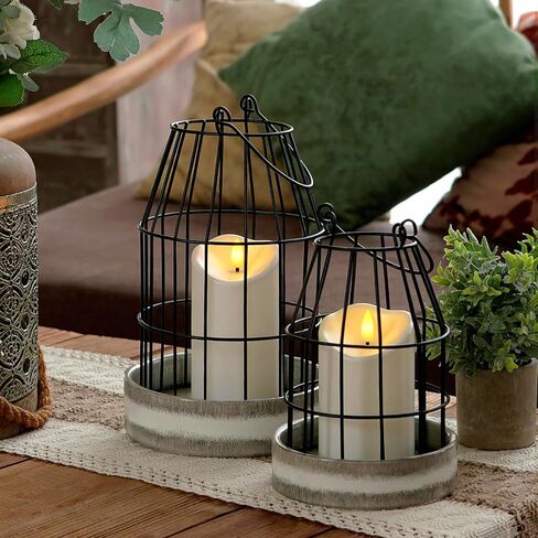 Homemory Rustic Farmhouse Lantern Decor with Flameless Candle & Remote Timer, 2PCS Metal Candle Holder Home Decorations for Fireplace Mantle Kitchen Dining Table Living Room in Kuwait