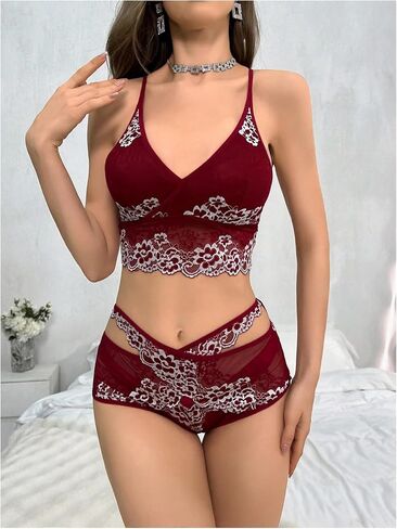 Milumia Women's 2 Piece Pajama Floral Lace See Through Bra and Panty Lingerie Set Nightwear in Saudi Arabia