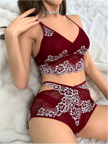 Milumia Women's 2 Piece Pajama Floral Lace See Through Bra and Panty Lingerie Set Nightwear in Saudi Arabia