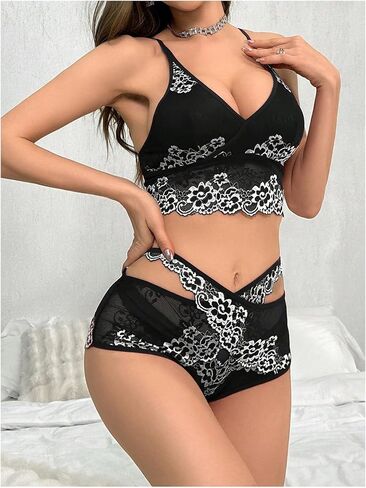 Milumia Women's 2 Piece Pajama Floral Lace See Through Bra and Panty Lingerie Set Nightwear in Saudi Arabia
