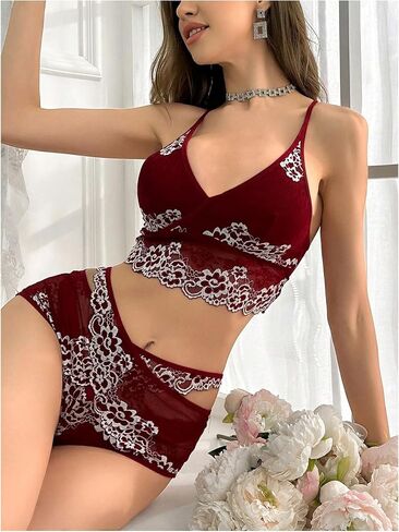 Milumia Women's 2 Piece Pajama Floral Lace See Through Bra and Panty Lingerie Set Nightwear in Saudi Arabia
