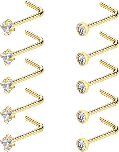 10Pcs Nose Studs 20 Gauge L Shape Nose Piercings Nose Rings Studs Stainless Steel Nose Piercing Jewelry Hypoallergenic Nose Stud for Women Men with 2mm CZ in Saudi Arabia