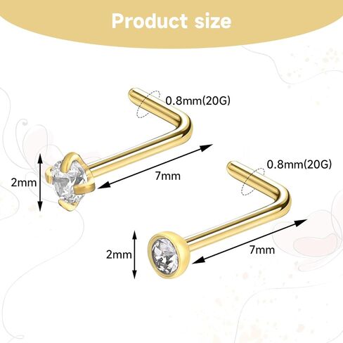 10Pcs Nose Studs 20 Gauge L Shape Nose Piercings Nose Rings Studs Stainless Steel Nose Piercing Jewelry Hypoallergenic Nose Stud for Women Men with 2mm CZ in Saudi Arabia