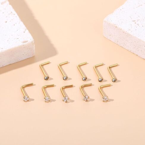 10Pcs Nose Studs 20 Gauge L Shape Nose Piercings Nose Rings Studs Stainless Steel Nose Piercing Jewelry Hypoallergenic Nose Stud for Women Men with 2mm CZ in Saudi Arabia