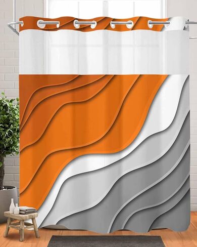 No Hook Abstract Ombre Shower Curtain with Snap in Liner, Orange White Gray Striped Shower Curtain for Bathroom Waterproof Modern Art Bath Curtain with See Through Mesh Top Window, 72" x 72" in Saudi Arabia