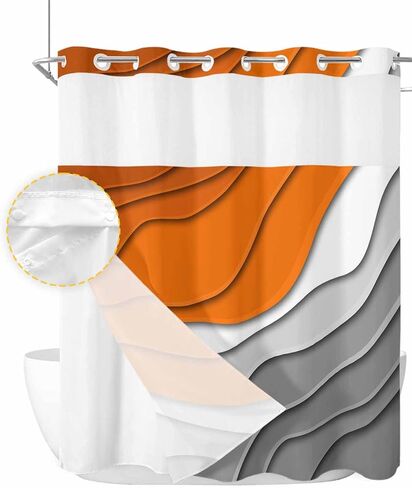 No Hook Abstract Ombre Shower Curtain with Snap in Liner, Orange White Gray Striped Shower Curtain for Bathroom Waterproof Modern Art Bath Curtain with See Through Mesh Top Window, 72" x 72" in Saudi Arabia