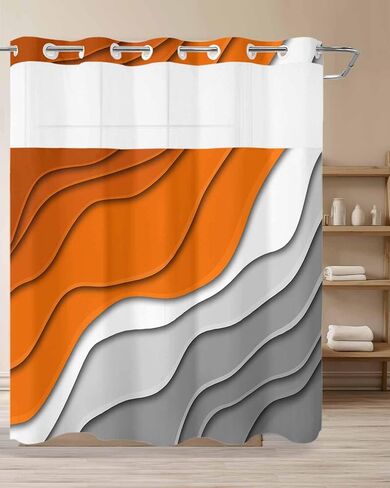 No Hook Abstract Ombre Shower Curtain with Snap in Liner, Orange White Gray Striped Shower Curtain for Bathroom Waterproof Modern Art Bath Curtain with See Through Mesh Top Window, 72" x 72" in Saudi Arabia