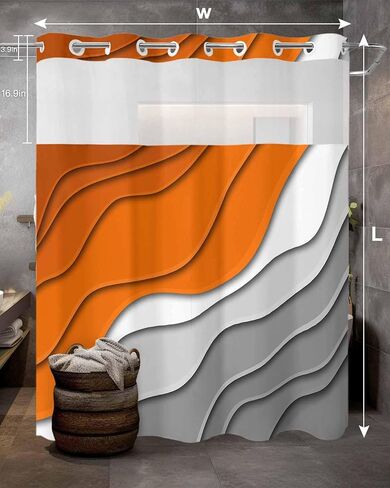 No Hook Abstract Ombre Shower Curtain with Snap in Liner, Orange White Gray Striped Shower Curtain for Bathroom Waterproof Modern Art Bath Curtain with See Through Mesh Top Window, 72" x 72" in Saudi Arabia