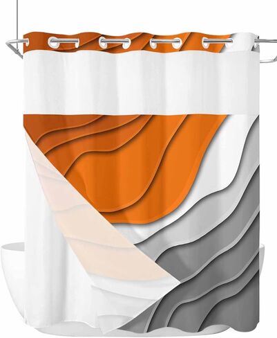 No Hook Abstract Ombre Shower Curtain with Snap in Liner, Orange White Gray Striped Shower Curtain for Bathroom Waterproof Modern Art Bath Curtain with See Through Mesh Top Window, 72" x 72" in Saudi Arabia
