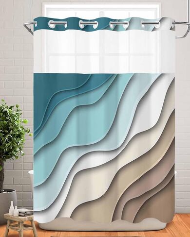 No Hook Abstract Ombre Shower Curtain with Snap in Liner, Orange White Gray Striped Shower Curtain for Bathroom Waterproof Modern Art Bath Curtain with See Through Mesh Top Window, 72" x 72" in Saudi Arabia