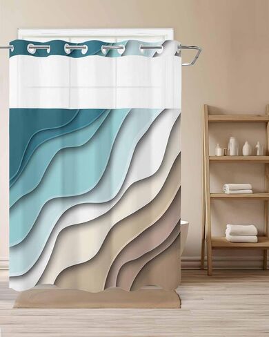 No Hook Abstract Ombre Shower Curtain with Snap in Liner, Orange White Gray Striped Shower Curtain for Bathroom Waterproof Modern Art Bath Curtain with See Through Mesh Top Window, 72" x 72" in Saudi Arabia