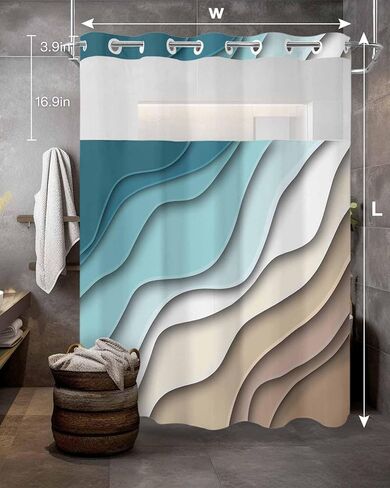No Hook Abstract Ombre Shower Curtain with Snap in Liner, Orange White Gray Striped Shower Curtain for Bathroom Waterproof Modern Art Bath Curtain with See Through Mesh Top Window, 72" x 72" in Saudi Arabia