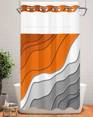 No Hook Abstract Ombre Shower Curtain with Snap in Liner, Orange White Gray Striped Shower Curtain for Bathroom Waterproof Modern Art Bath Curtain with See Through Mesh Top Window, 72" x 72" in Kuwait