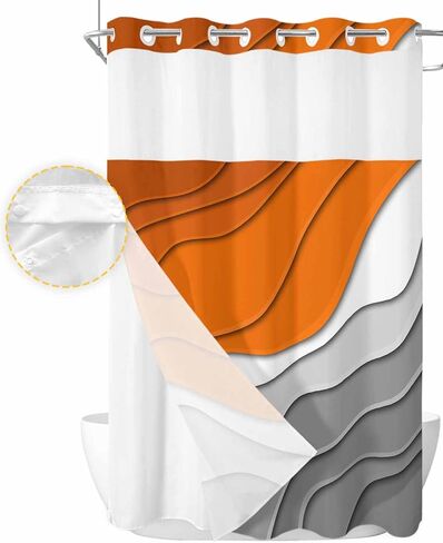 No Hook Abstract Ombre Shower Curtain with Snap in Liner, Orange White Gray Striped Shower Curtain for Bathroom Waterproof Modern Art Bath Curtain with See Through Mesh Top Window, 72" x 72" in Kuwait