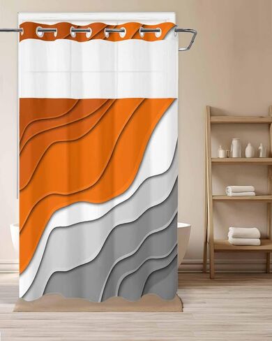No Hook Abstract Ombre Shower Curtain with Snap in Liner, Orange White Gray Striped Shower Curtain for Bathroom Waterproof Modern Art Bath Curtain with See Through Mesh Top Window, 72" x 72" in Kuwait