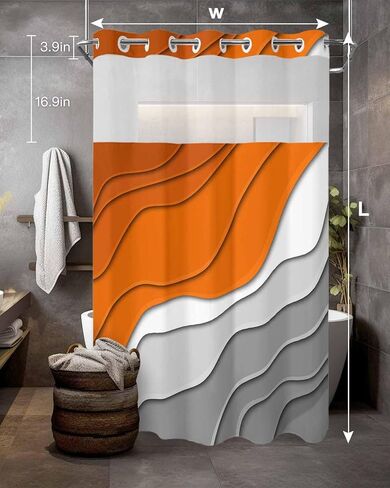 No Hook Abstract Ombre Shower Curtain with Snap in Liner, Orange White Gray Striped Shower Curtain for Bathroom Waterproof Modern Art Bath Curtain with See Through Mesh Top Window, 72" x 72" in Kuwait