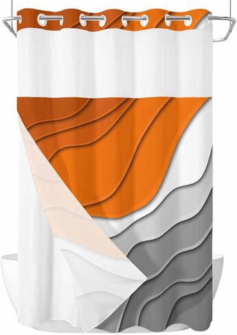 No Hook Abstract Ombre Shower Curtain with Snap in Liner, Orange White Gray Striped Shower Curtain for Bathroom Waterproof Modern Art Bath Curtain with See Through Mesh Top Window, 72" x 72" in Kuwait