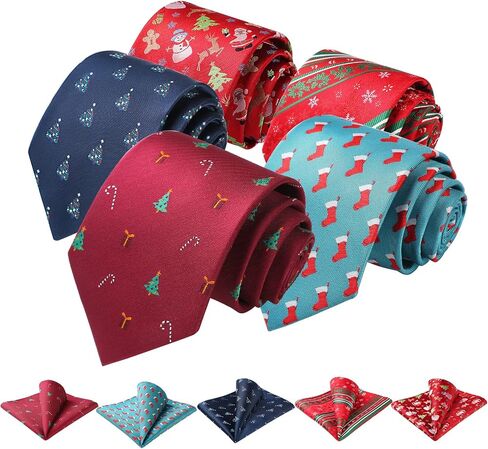 HISDERN Christmas Mens Ties Set 5PCS Holiday Festival Funny Tie and Pocket Square Set Vacation Xmas Gift Box Necktie Set in Saudi Arabia