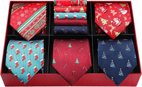 HISDERN Christmas Mens Ties Set 5PCS Holiday Festival Funny Tie and Pocket Square Set Vacation Xmas Gift Box Necktie Set in Saudi Arabia