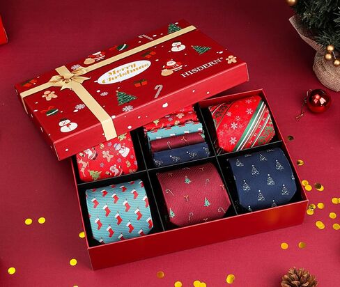 HISDERN Christmas Mens Ties Set 5PCS Holiday Festival Funny Tie and Pocket Square Set Vacation Xmas Gift Box Necktie Set in Saudi Arabia
